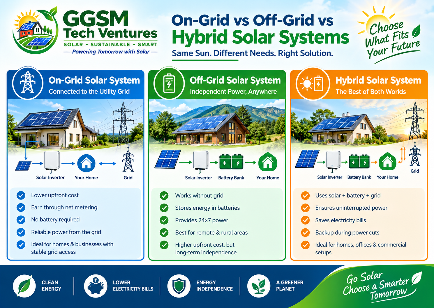 On-Grid vs Off-Grid vs Hybrid Solar Systems
